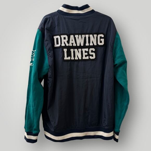 Flawed The Hundreds "Drawing Lines" Varsity Jacket XL Navy Green Adam Bomb Y2K - Picture 2 of 9